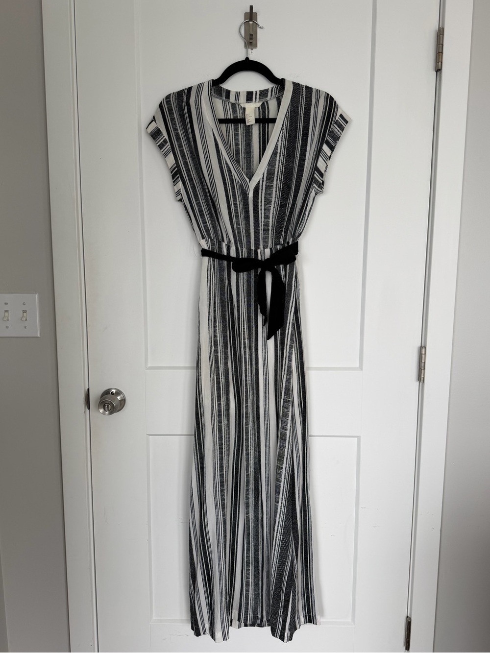 H&M Black and White Vertical Stripe Maxi Dress with Waist Tie size 2